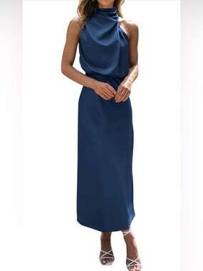 BTFBM Cocktail Dresses for Women Summer Satin Silk Sleeveless Mock Neck MaxiNWOT